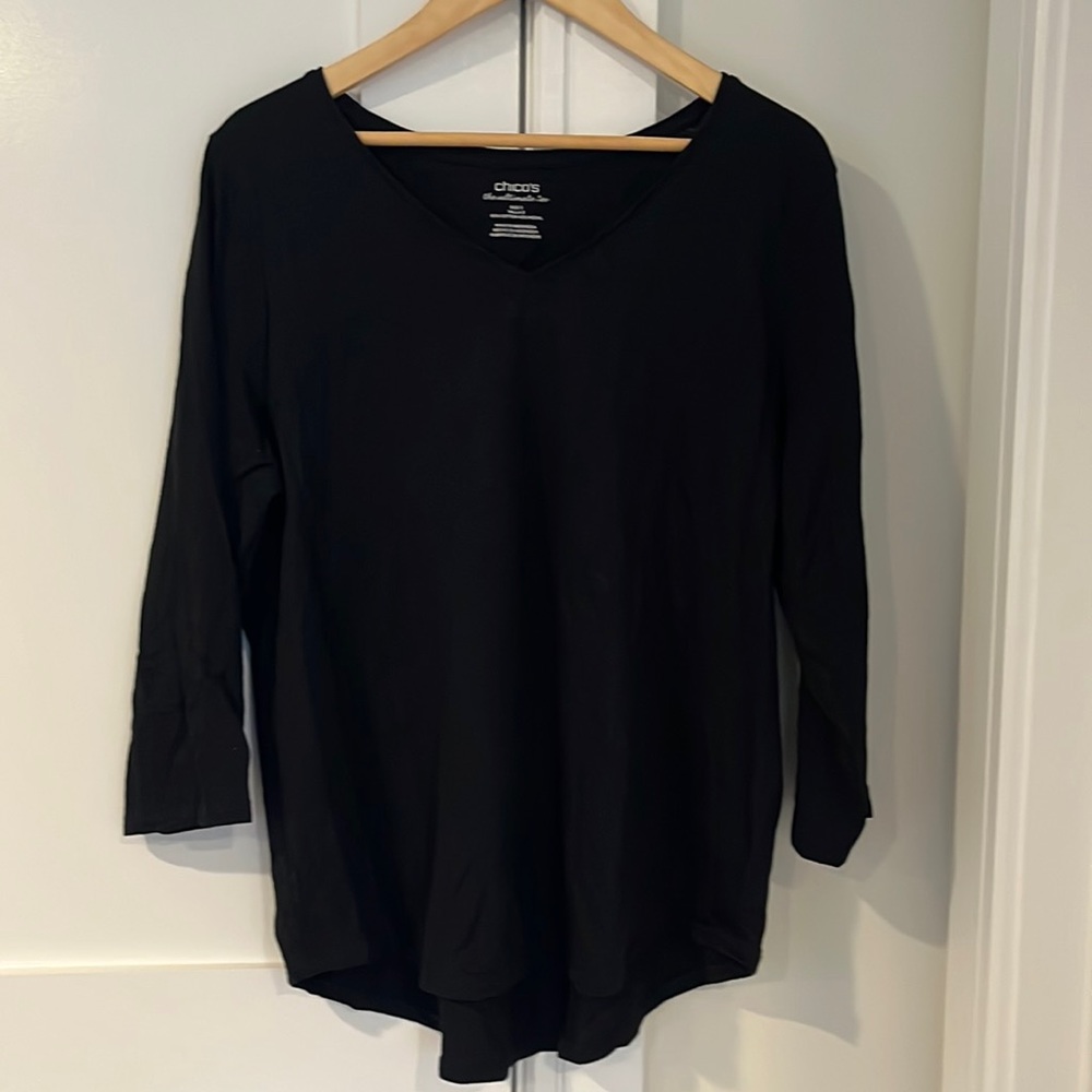 Chico’s Woman’s Black 3/4 Sleeve Cotton Blend T Shirt Size Large